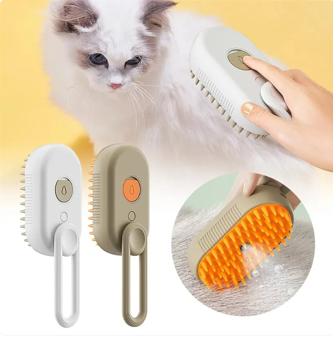 SteamPaws steam brush grooming a white cat, shown in white and brown