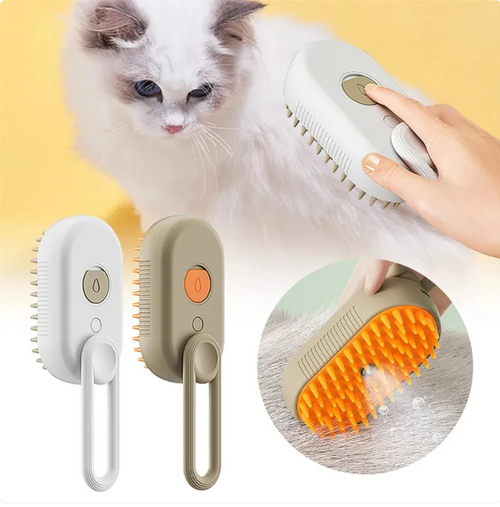 SteamPaws steam brush grooming a white cat, shown in white and brown